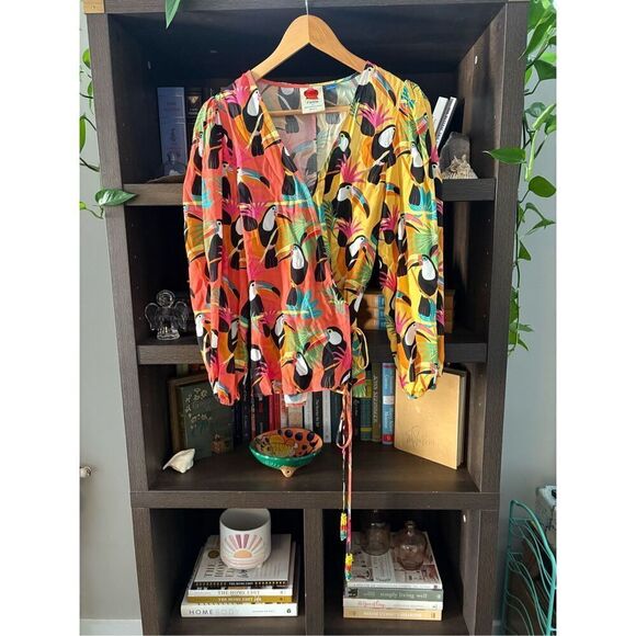 Anthropologie Farm Rio Rainforest Wrap Blouse Toucans Tropical Birds Size Small - Picture 4 of 10